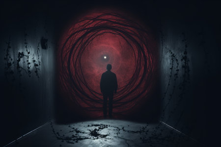 a person standing in front of a red light in a dark roomの素材