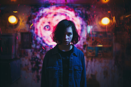 a person standing in front of a neon lightの素材
