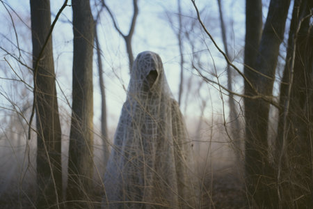a ghostly figure standing in the middle of the woodsの素材