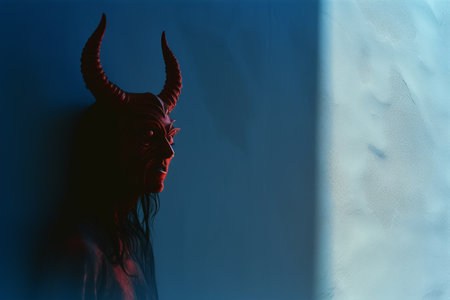 a devil with horns on his head in front of a blue wallの素材