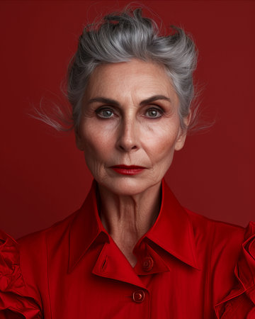 an older woman with gray hair and a red shirtの素材