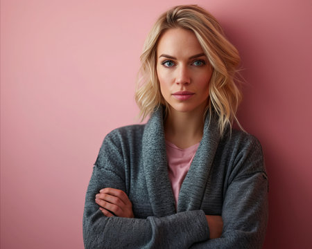 a beautiful blonde woman with arms crossed against a pink wallの素材