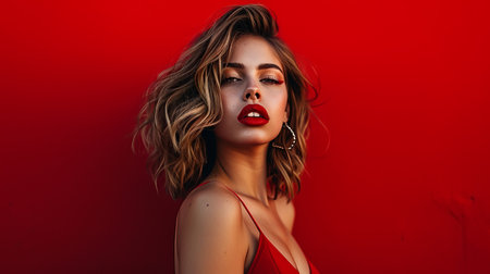 a beautiful woman in a red dress and red lipstickの素材