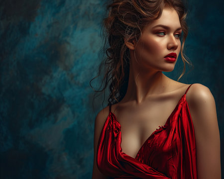 a beautiful woman in a red dress posing against a blue backgroundの素材