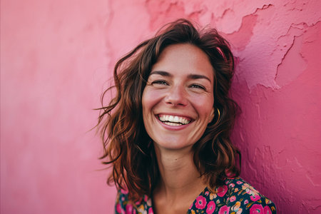 a smiling woman against a pink wallの素材