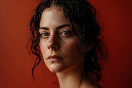 a close up of a woman with dark hairの素材