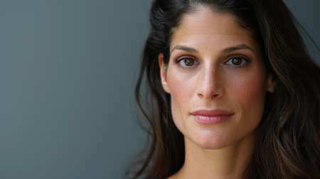 a close up of a woman with long brown hairの素材