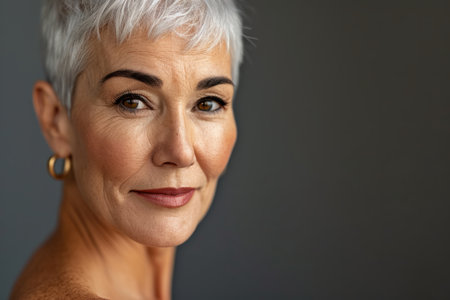 a close up of a woman with short white hairの素材