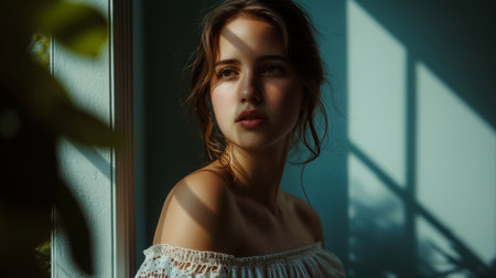 a beautiful young woman in a white dress looking out the windowの素材