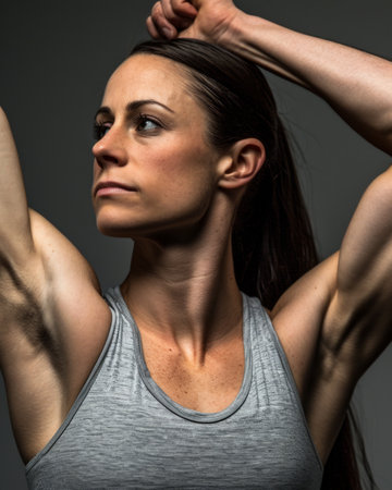 a woman flexing her muscles on a gray backgroundの素材