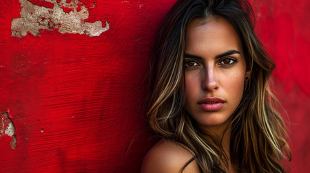 a beautiful young woman leaning against a red wallの素材