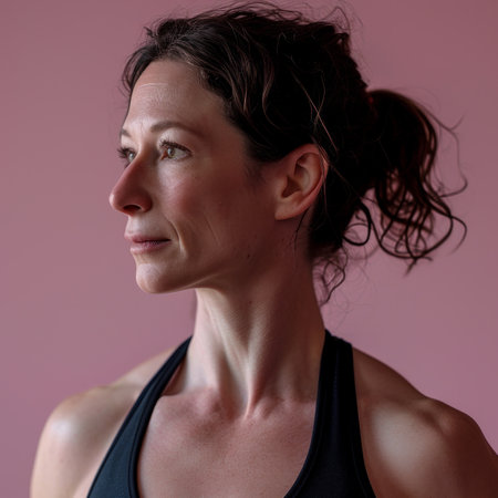 a woman in a black sports bra and black tank topの素材