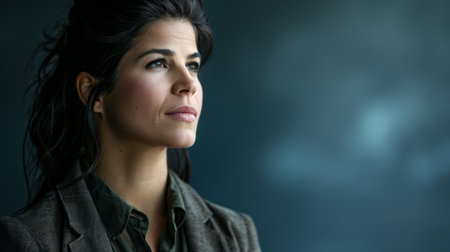 a woman in a business suit looking off to the sideの素材