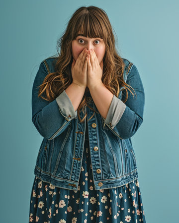 a woman in a floral dress and denim jacket covering her mouthの素材