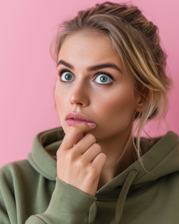 a woman in a green hoodie looking at the cameraの素材
