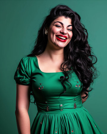 a woman in a green dress smiling and laughingの素材