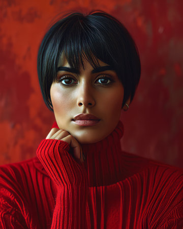 a woman in a red sweater posing for the cameraの素材