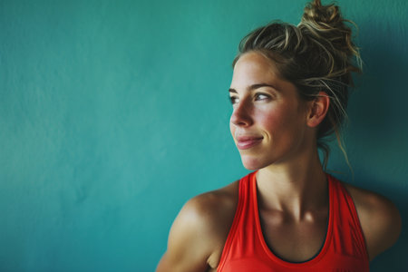 a woman in a red tank top standing against a blue wallの素材