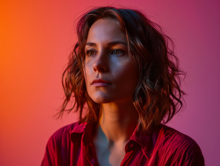 a woman in a red shirt against an orange backgroundの素材