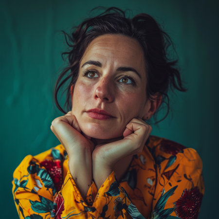 a woman in a floral shirt posing for the cameraの素材