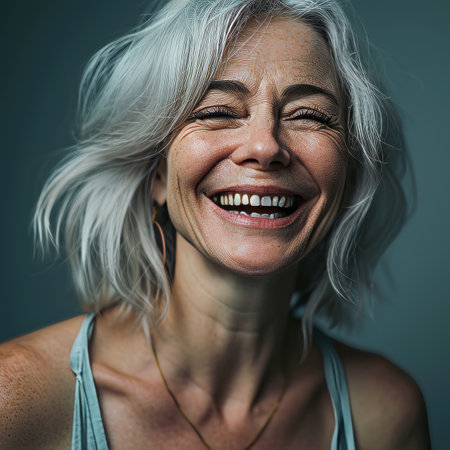 a smiling woman with white hairの素材
