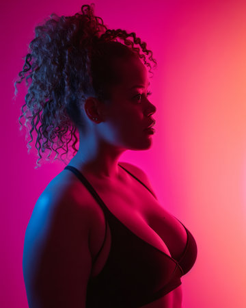 a woman in a bra top standing in front of a neon lightの素材