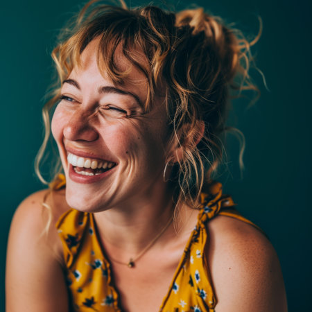a smiling woman with curly hair and a yellow topの素材