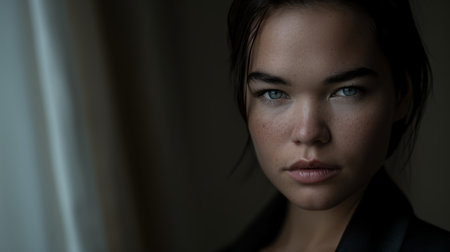 a close up of a woman with blue eyesの素材