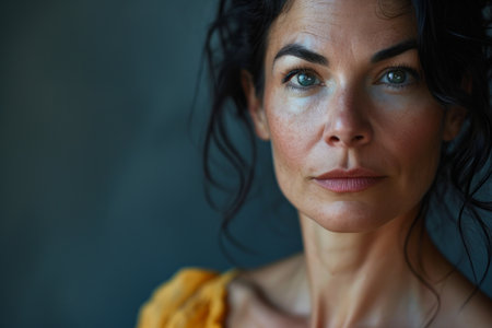 a close up of a woman with dark hairの素材