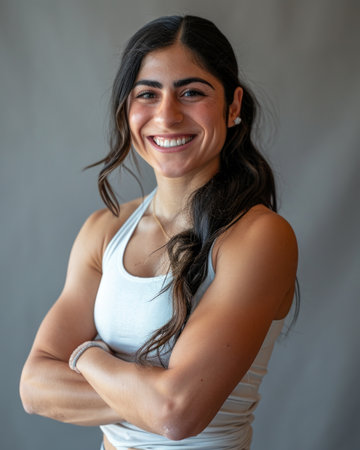 a woman in a white tank top smiling at the cameraの素材