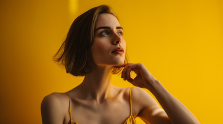 a woman in a yellow dress is looking to the sideの素材