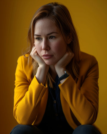 Photo for a woman in a yellow jacket sitting on the floor - Royalty Free Image