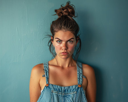 a woman in overalls and a blue wallの素材