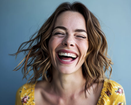 a woman is laughing and smiling in front of a blue backgroundの素材