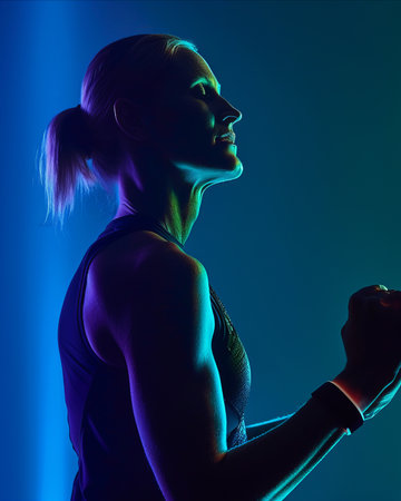 a woman in silhouette with her arms up in the airの素材