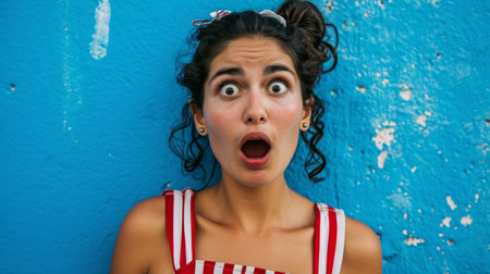 a woman is making a surprised face in front of a blue wallの素材