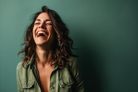 a woman is laughing and smiling in front of a green wallの素材