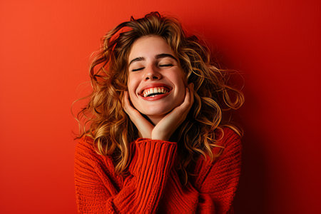 a woman is laughing and smiling in front of a red backgroundの素材
