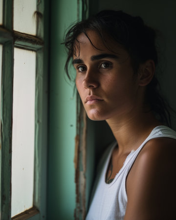 a woman looks out the window of an old houseの素材