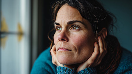 a woman looking out the window with her hands on her chinの素材
