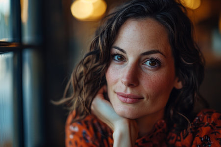 a woman looking at the camera while sitting in front of a windowの素材
