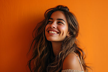 a woman smiling in front of an orange wallの素材