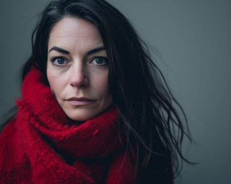 a woman wearing a red scarfの素材