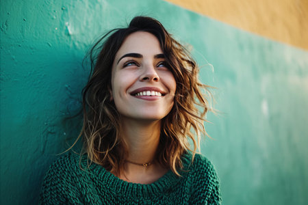 a woman smiling while leaning against a green wallの素材