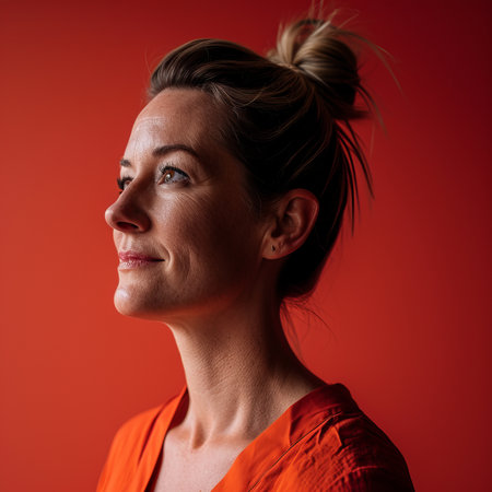 a woman with a bun in her hairの素材