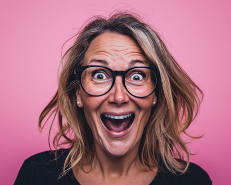 a woman wearing glasses and making a surprised face on a pink backgroundの素材