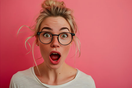 a woman wearing glasses and looking surprised on a pink backgroundの素材