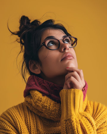 a woman wearing glasses and a sweater looking upの素材