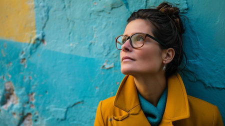 a woman wearing glasses and a yellow coat leaning against a blue wallの素材