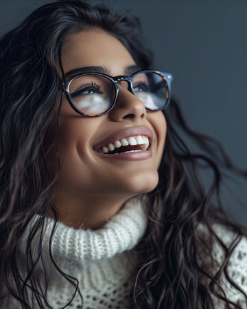 a woman wearing glasses and a sweater smilingの素材